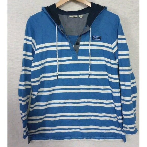 L.L. Bean Womens Hoodie Blue Striped Henley Pullover Sweatshirt Women's Size L - Picture 7 of 10